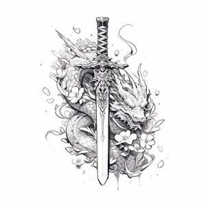 Sword and Dragon Tattoo Design - Download High Resolution Digital Art PNG Transparent Background | Printable SVG Tattoo Stencil