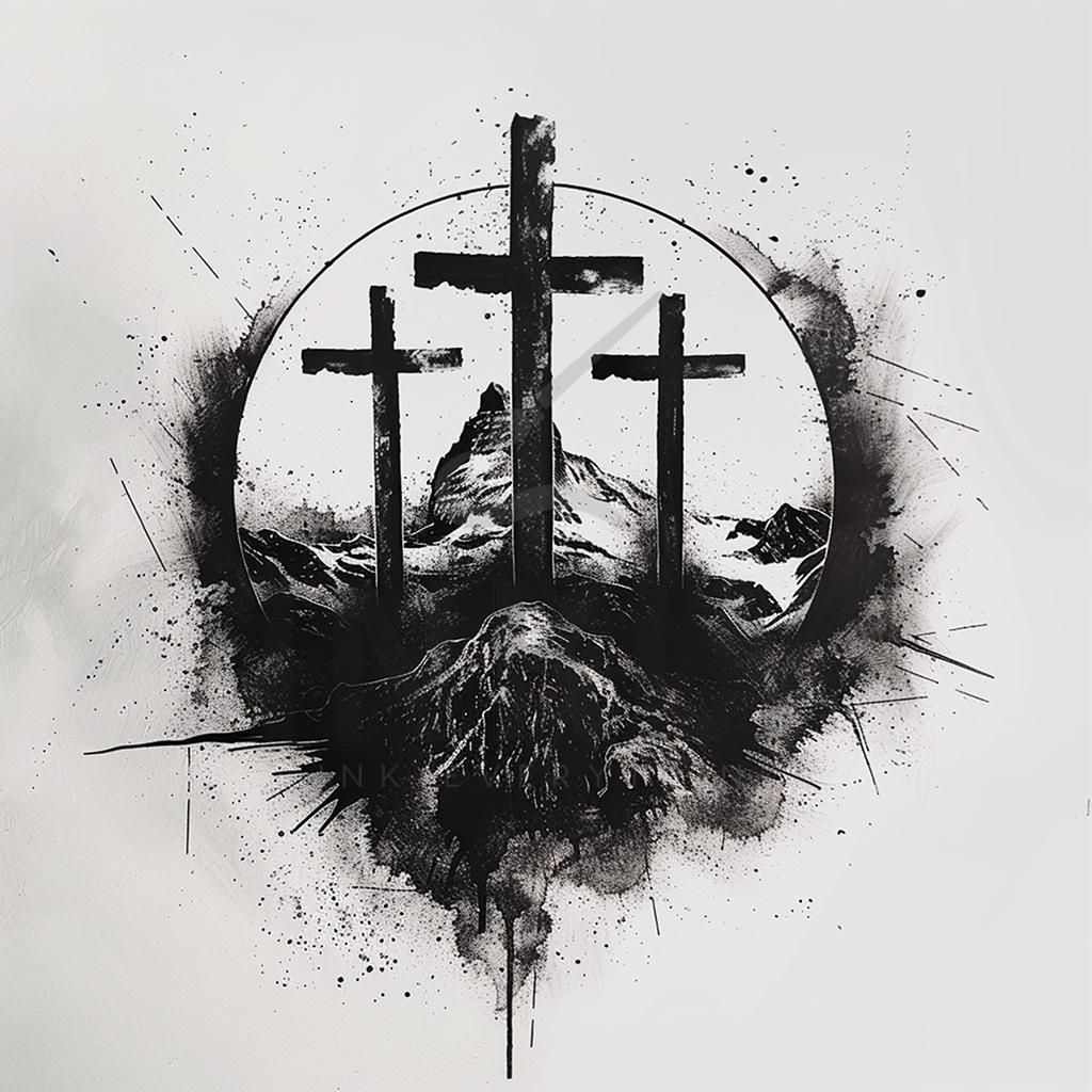 Three Crosses on Calvary Tattoo Design - Download High Resolution Digital Art PNG Transparent Background | Printable SVG Tattoo Stencil