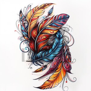 May include: A colourful illustration of a group of feathers with intricate details. The feathers are arranged in a swirling pattern and are painted in shades of red, orange, yellow, blue, and purple.