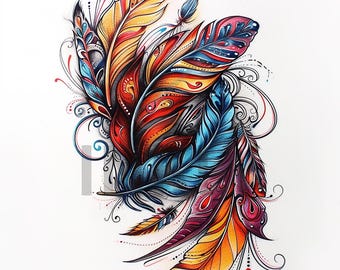 Colorful Feathers Tattoo Design - Download High Resolution Digital Art PNG Transparent Background | Printable SVG Tattoo Stencil