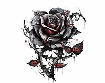 Könnte beinhalten: Eine schwarze und silberne Rose mit roten Akzenten und tropfendem schwarzem Lack. Die Rose ist von Dornen und Blättern umgeben.