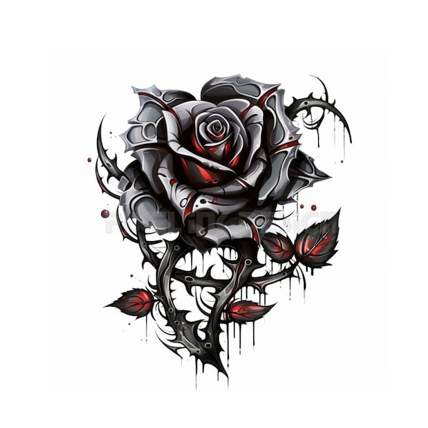 Dark Red Rose Tattoo - White background - Download High Resolution Digital Art PNG Transparent Background | Printable SVG Tattoo Stencil