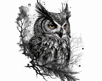 Owl Tattoo Design - Download High Resolution Digital Art PNG Transparent Background | Printable SVG Tattoo Stencil
