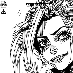 May include: Black and white line art illustration of a woman's face with a mischievous expression. Her eyes are wide open and her lips are slightly parted in a smirk. Her hair is long and flowing, and she is wearing a dark collar.