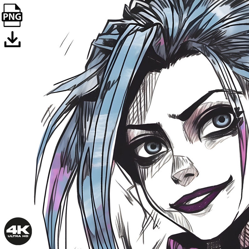 May include: A black and white line drawing of a woman with blue hair. Her eyes are wide open and she has a sly smile on her face. The drawing is done in a comic book style.