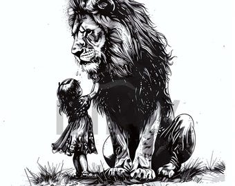 Lion and Little Girl Tattoo Design: High-Resolution PNG, SVG Stencil (Digital Download)