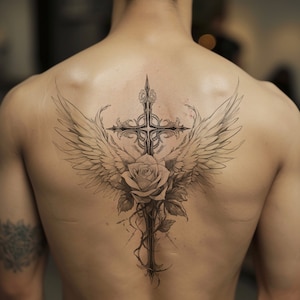 Cross With Wings and Rose Tattoo Design - Download High Resolution ...