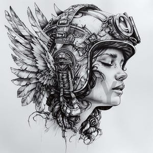 Angel in Helmet Tattoo Design - Download High Resolution Digital Art PNG Transparent Background | Printable SVG Tattoo Stencil
