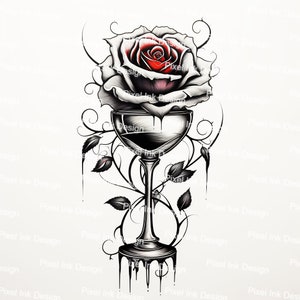 Red Rose in the Wine Glass Tattoo Design - Download High Resolution Digital Art PNG Transparent Background | Printable SVG Tattoo Stencil