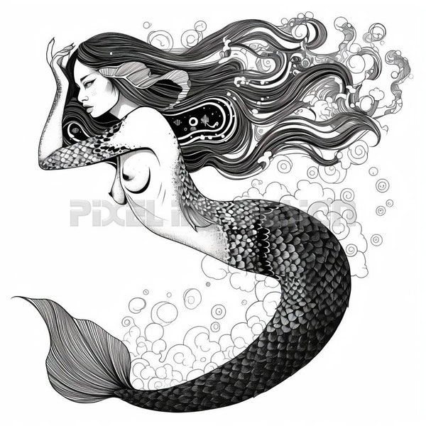 Diseño de tatuaje de sirena - Descargar arte digital de alta resolución PNG fondo transparente / plantilla de tatuaje SVG imprimible