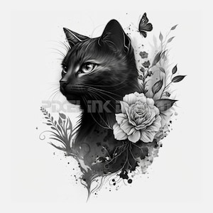 Cat with Flowers Tattoo Design - Download High Resolution Digital Art PNG Transparent Background | Printable SVG Tattoo Stencil