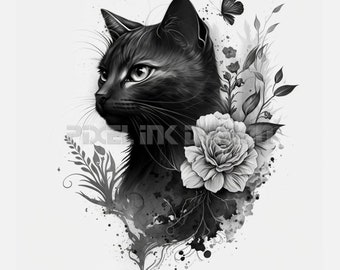 Diseño de tatuaje de gato con flores: descarga arte digital de alta resolución PNG fondo transparente / plantilla de tatuaje SVG imprimible