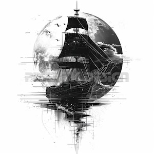 Design de tatouage bateau sur la lune - Téléchargez l'art numérique haute résolution PNG sur fond transparent | Pochoir de tatouage SVG imprimable