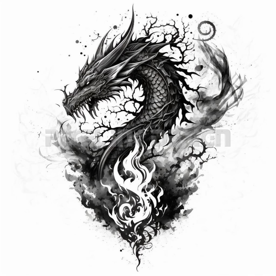 Dragon With Flames Tattoo Design - Download High Resolution Digital Art ...