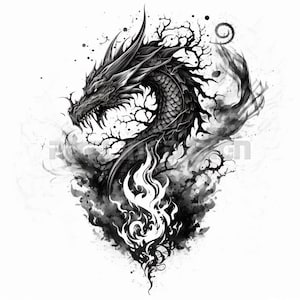 Dragon with Flames Tattoo Design - Download High Resolution Digital Art PNG Transparent Background | Printable SVG Tattoo Stencil