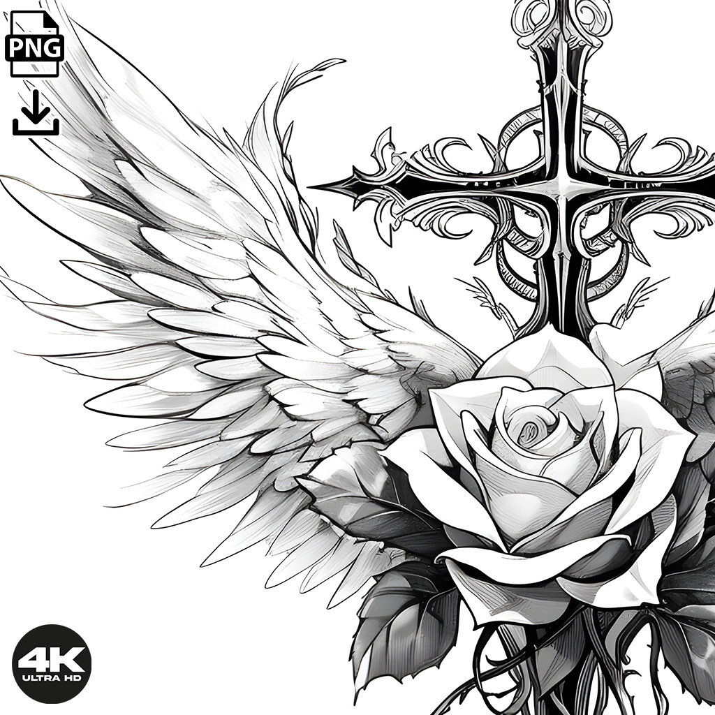 Cross With Wings and Rose Tattoo Design - Download High Resolution ...