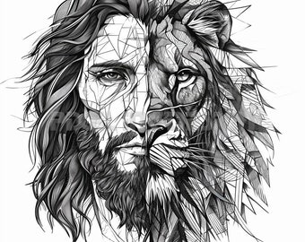 Half Lion Half Jesus Tattoo Design - Download High Resolution Digital Art PNG Transparent Background | Printable SVG Tattoo Stencil