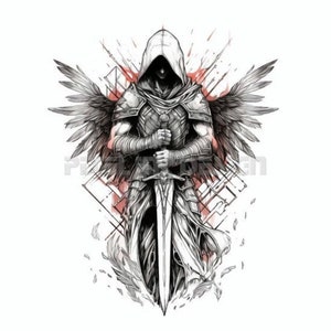 Guardian Angel with a Sword Tattoo Design - Download High Resolution Digital Art PNG Transparent Background | Printable SVG Tattoo Stencil