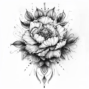 Peony Flower Tattoo Design - Download High Resolution Digital Art PNG Transparent Background | Printable SVG Tattoo Stencil