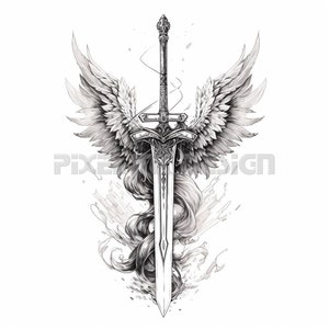 Sword with Wings Tattoo Design - Download High Resolution Digital Art PNG Transparent Background | Printable SVG Tattoo Stencil