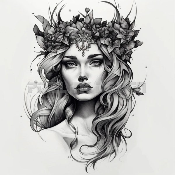 Tatouage Aphrodite, déesse de l'amour et de la beauté - Fond blanc - Téléchargez l'image détaillée en haute résolution au format PNG et JPG | Pochoir de tatouage SVG