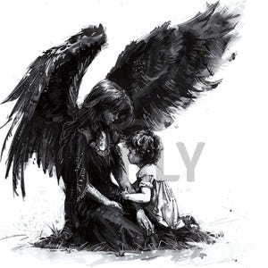 Diseño de tatuaje de ángel y niña: descarga arte digital de alta resolución PNG fondo transparente / plantilla de tatuaje SVG imprimible