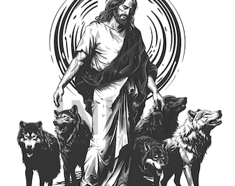 Jesus and Wolves Tattoo Design - Download High Resolution Digital Art PNG Transparent Background | Printable SVG Tattoo Stencil