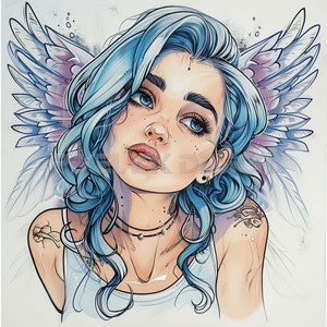 Angel Girl Tattoo Design - Download High Resolution Digital Art PNG Transparent Background | Printable SVG Tattoo Stencil