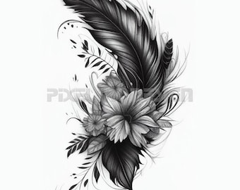 Feather Tattoo Design - Download High Resolution Digital Art PNG Transparent Background | Printable SVG Tattoo Stencil