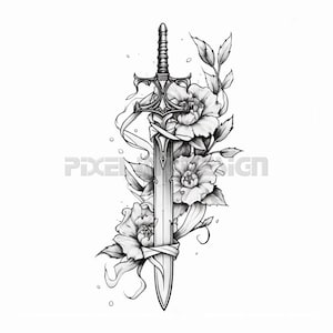 Sword with Flowers Tattoo Design - Download High Resolution Digital Art PNG Transparent Background | Printable SVG Tattoo Stencil