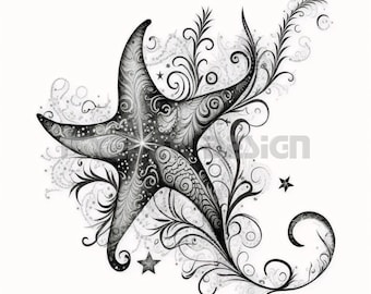 Conception de tatouage d'étoile de mer - Téléchargez l'art numérique haute résolution PNG sur fond transparent | Pochoir de tatouage SVG imprimable