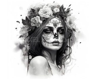 Sweet Woman with Scull Makeup Tattoo Design - Transparent background - Download Detailed High Resolution Image PNG File
