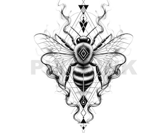 Geometric Honey Bee Tattoo Design: Bee Tattoo Stencil, Blackwork Smoke Tattoo Flash, 4K PNG SVG Download
