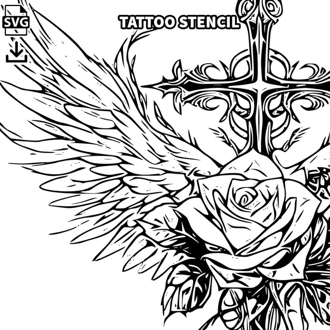 Cross With Wings and Rose Tattoo Design - Download High Resolution ...