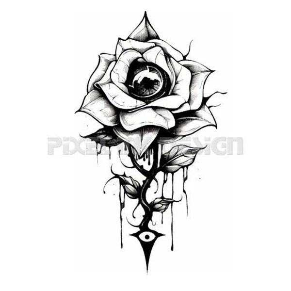 Rose with All Seeing Eye Tattoo Design - Download High Resolution Digital Art PNG Transparent Background | Printable SVG Tattoo Stencil