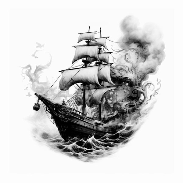 Sailing Ship Tattoo Design - Download High Resolution Digital Art PNG Transparent Background | Printable SVG Tattoo Stencil