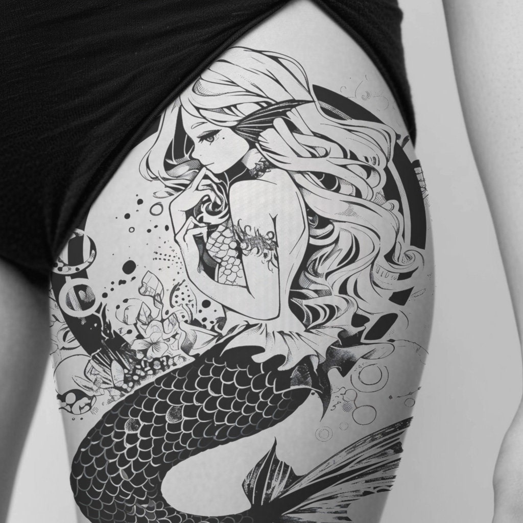 Young Mermaid Tattoo Design - Download High Resolution Digital Art PNG  Transparent Background | Printable SVG Tattoo Stencil - Etsy, image size:1024x1024