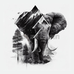 Elephant in Geometric Style Tattoo - White background - High Resolution Digital PNG Art on White Background | Printable SVG Tattoo Stencil