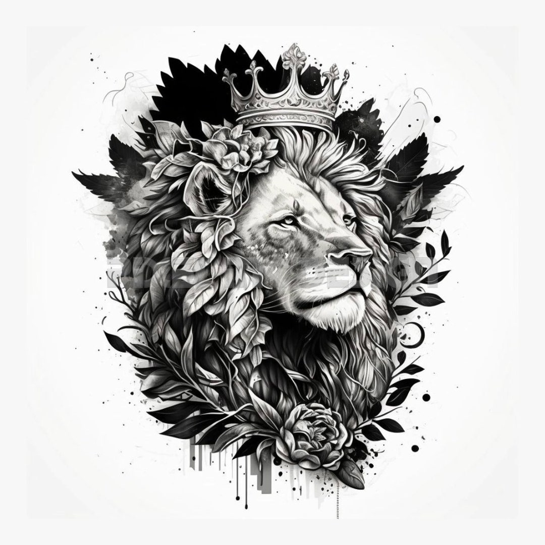 Lion With a Crown Tattoo - White Background - Download High Resolution Digital Art PNG ...