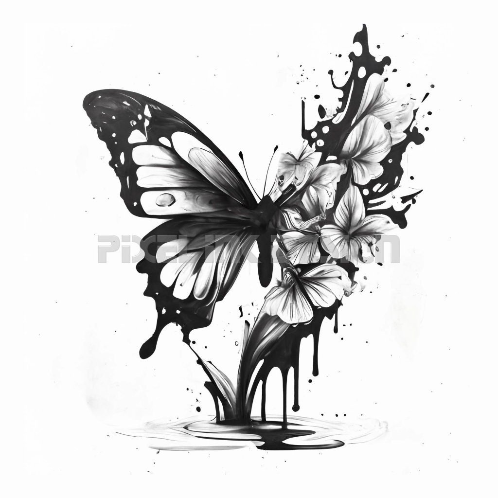 Butterfly in Floral Style Tattoo - White Background - High Resolution ...