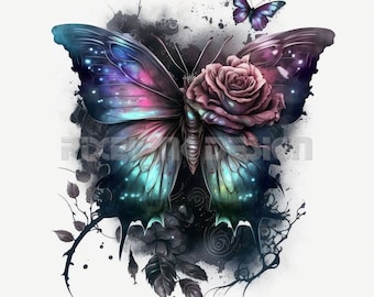 Schmetterling mit Rose Tattoo Design - Download hochauflösende digitale Kunst PNG transparenter Hintergrund | Druckbare SVG Tattoo Schablone