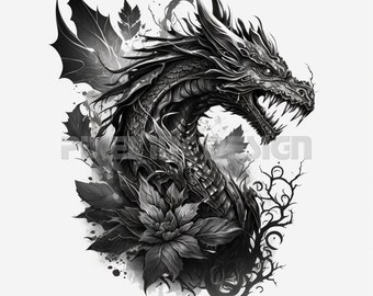 Dragon Tattoo - Transparent background - Download High Resolution Digital Art PNG Transparent Background | Printable SVG Tattoo Stencil