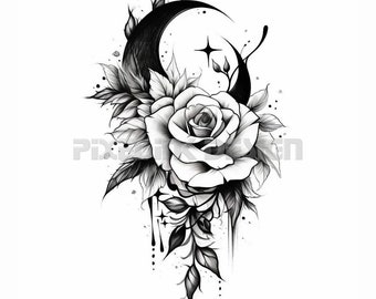May include: Black and white illustration of a rose with leaves and a crescent moon with a star above it.