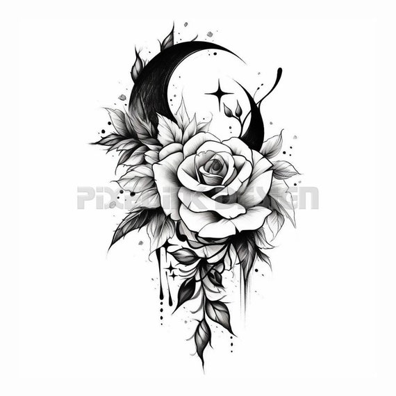 Rose with a moon tattoo design - download high resolution digital ...