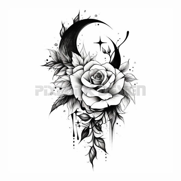 Rose avec une conception de tatouage de lune - Téléchargez l'art numérique haute résolution au format PNG | Pochoir de tatouage SVG imprimable