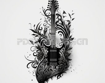 Guitar Tattoo Design - Download High Resolution Digital Art PNG Transparent Background | Printable SVG Tattoo Stencil
