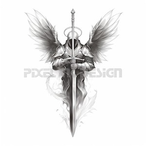 Angelic Knight Tattoo Design - Download High Resolution Digital Art PNG Transparent Background | Printable SVG Tattoo Stencil