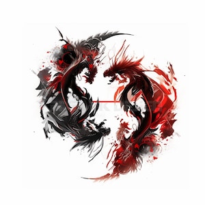 Yin & Yang Dragon Tattoo - White background - Download High Resolution Digital Art PNG Transparent Background | Printable SVG Tattoo Stencil
