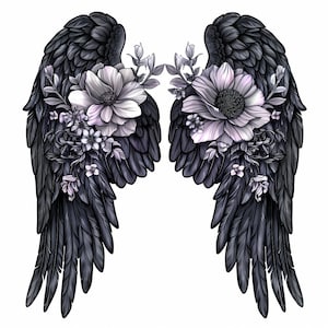 Angel Wings in Floral Style Tattoo Design - Download High Resolution Digital Art PNG Transparent Background | Printable SVG Tattoo Stencil