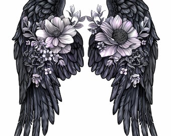 Angel Wings in Floral Style Tattoo Design - Download High Resolution Digital Art PNG Transparent Background | Printable SVG Tattoo Stencil